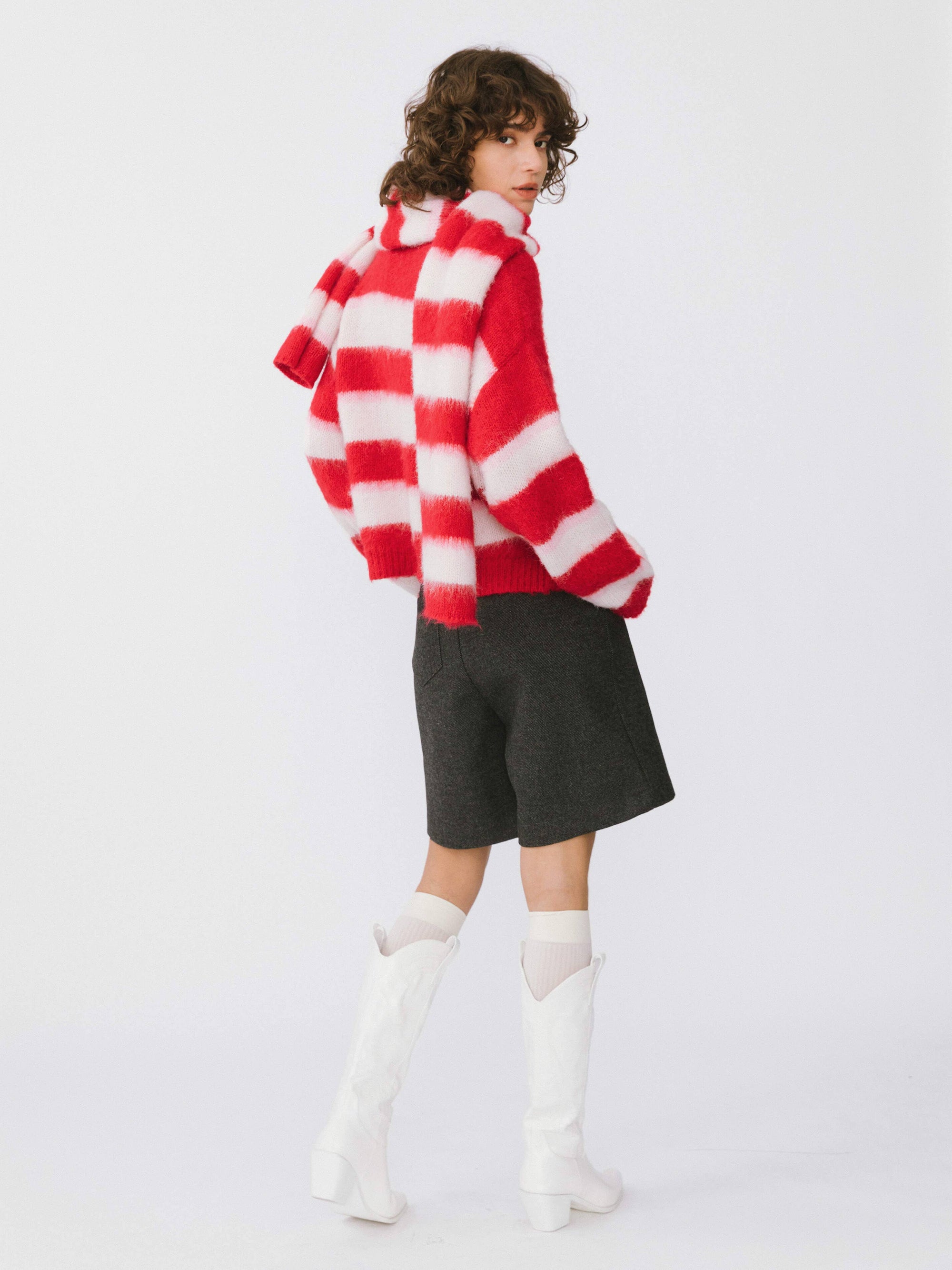 Striped Colour Block Wool Knit Cardigan With Scarf: Red stripe