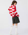 Striped Colour Block Wool Knit Cardigan With Scarf: Red stripe