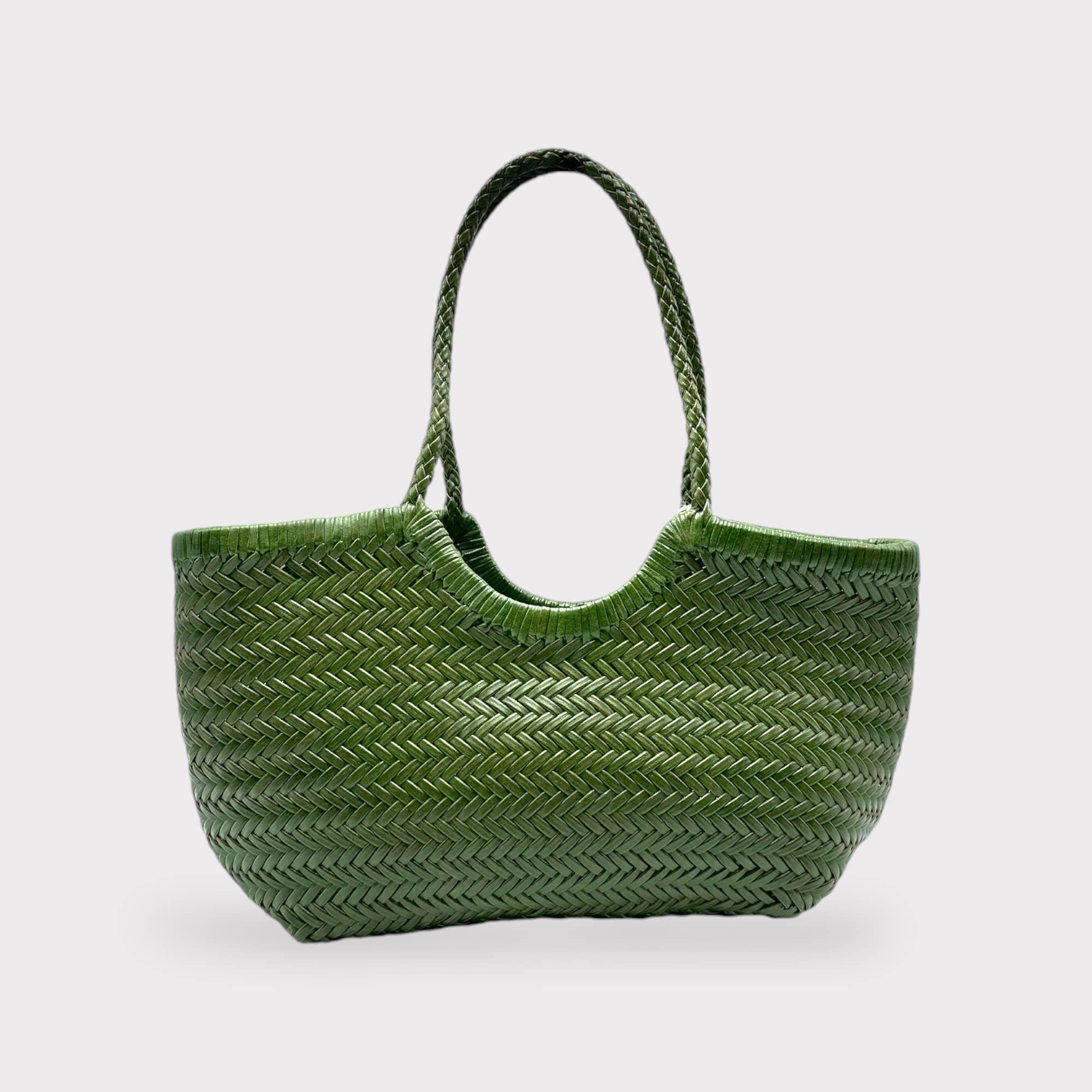 Handwoven U Shape Leather Tote Bag: Green