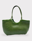 Handwoven U Shape Leather Tote Bag: Green
