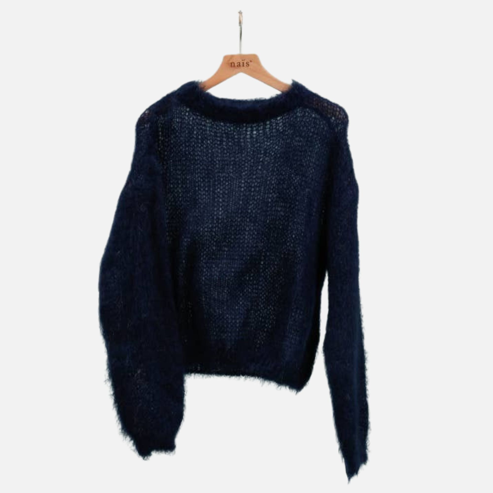 Round neck long sleeve sweater in 80% kid mohair: Navy Blue / One size