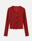 V-Neck Knit Cardigan with Ruffled Long Sleeves: Red