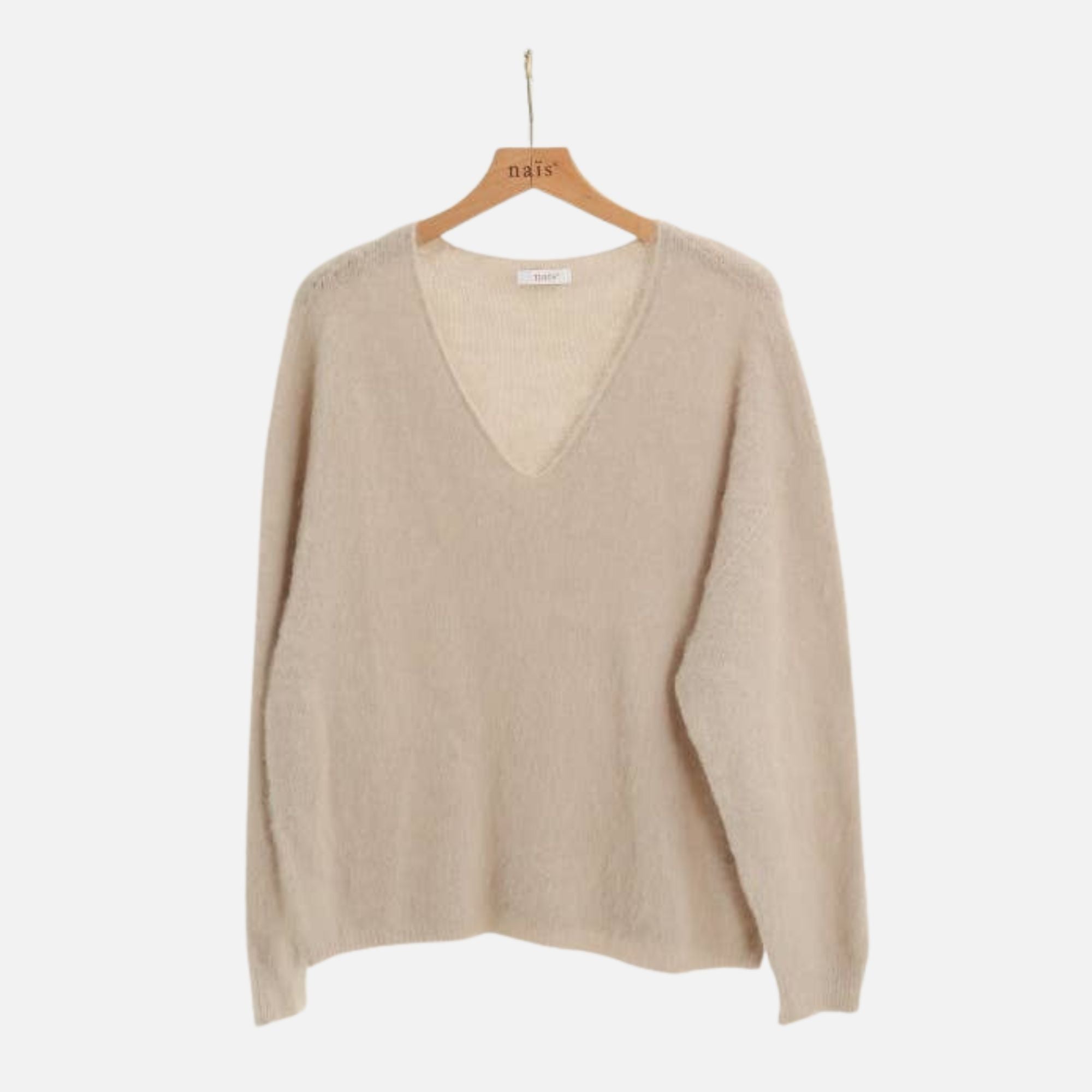 V-neck long-sleeve sweater in kid mohair and merino wool: Beige / One size