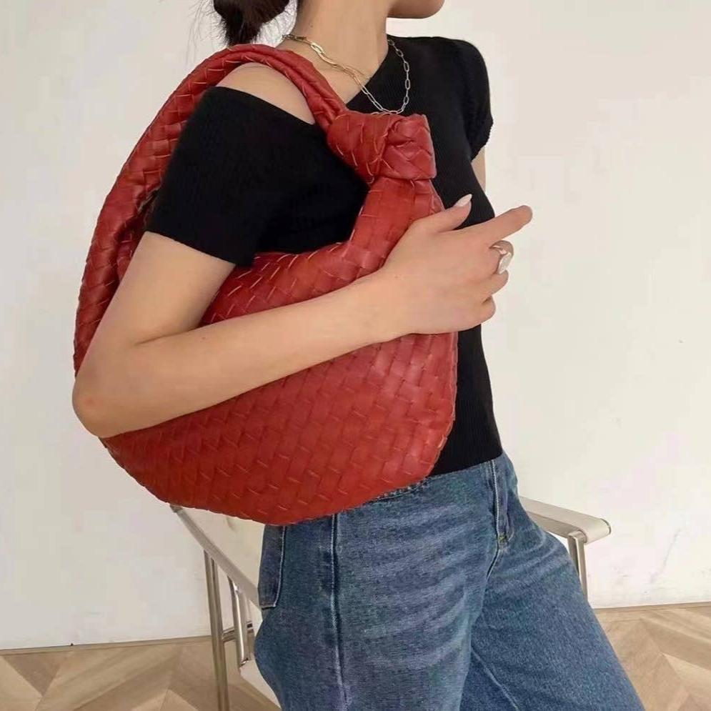 Vegan Leather Woven Shoulder Bag Big Size: Red