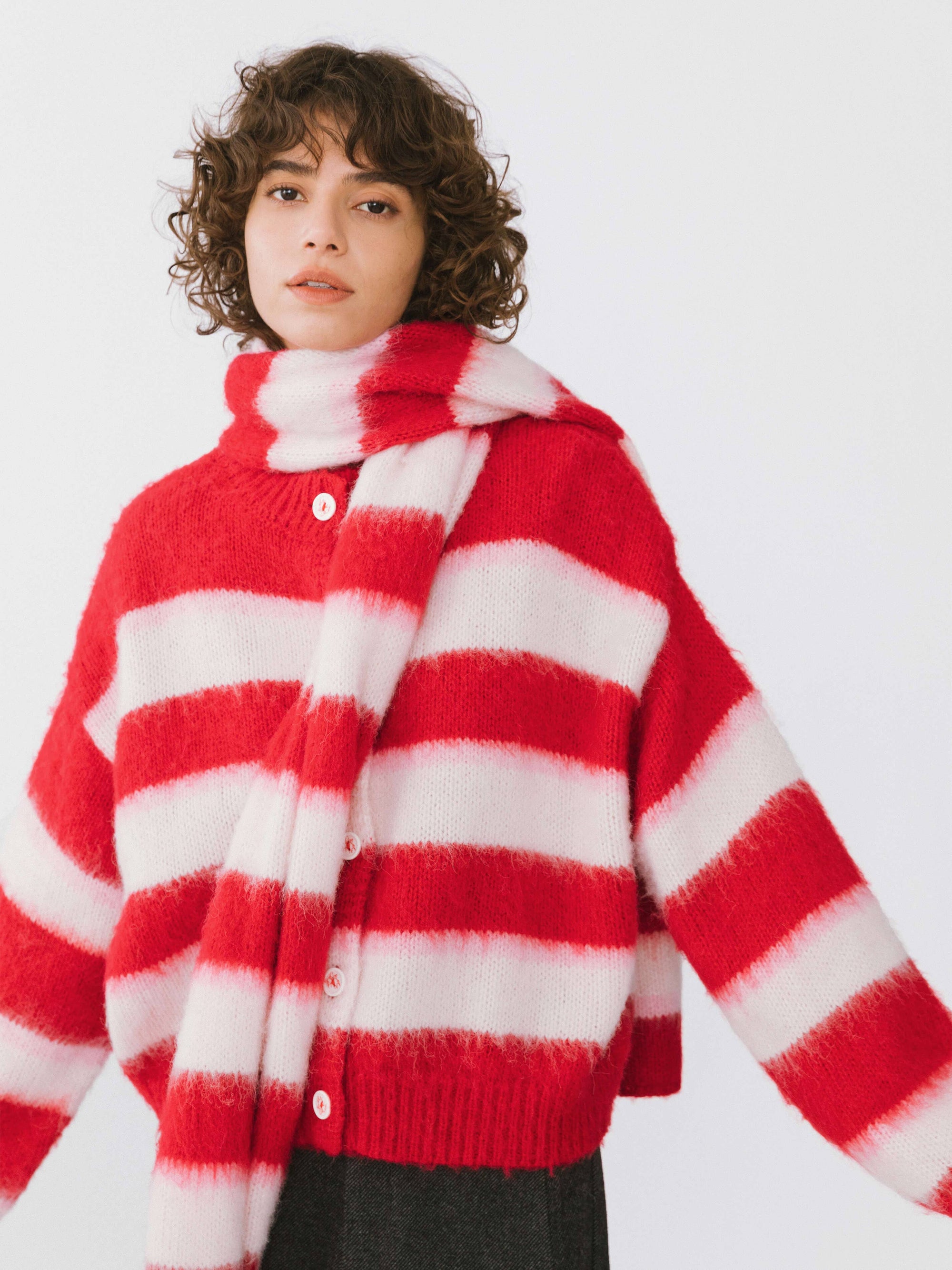 Striped Colour Block Wool Knit Cardigan With Scarf: Red stripe