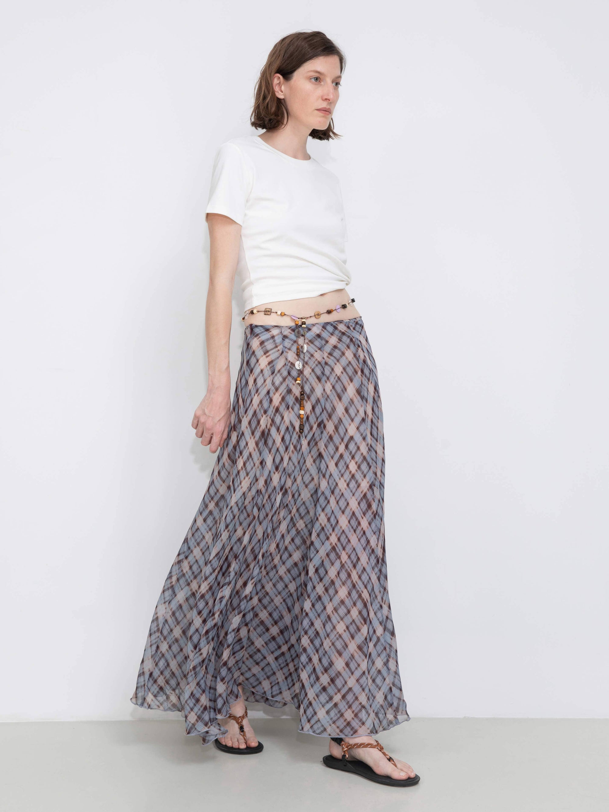 Asymmetrical Flowy Check Maxi Skirt: Blue