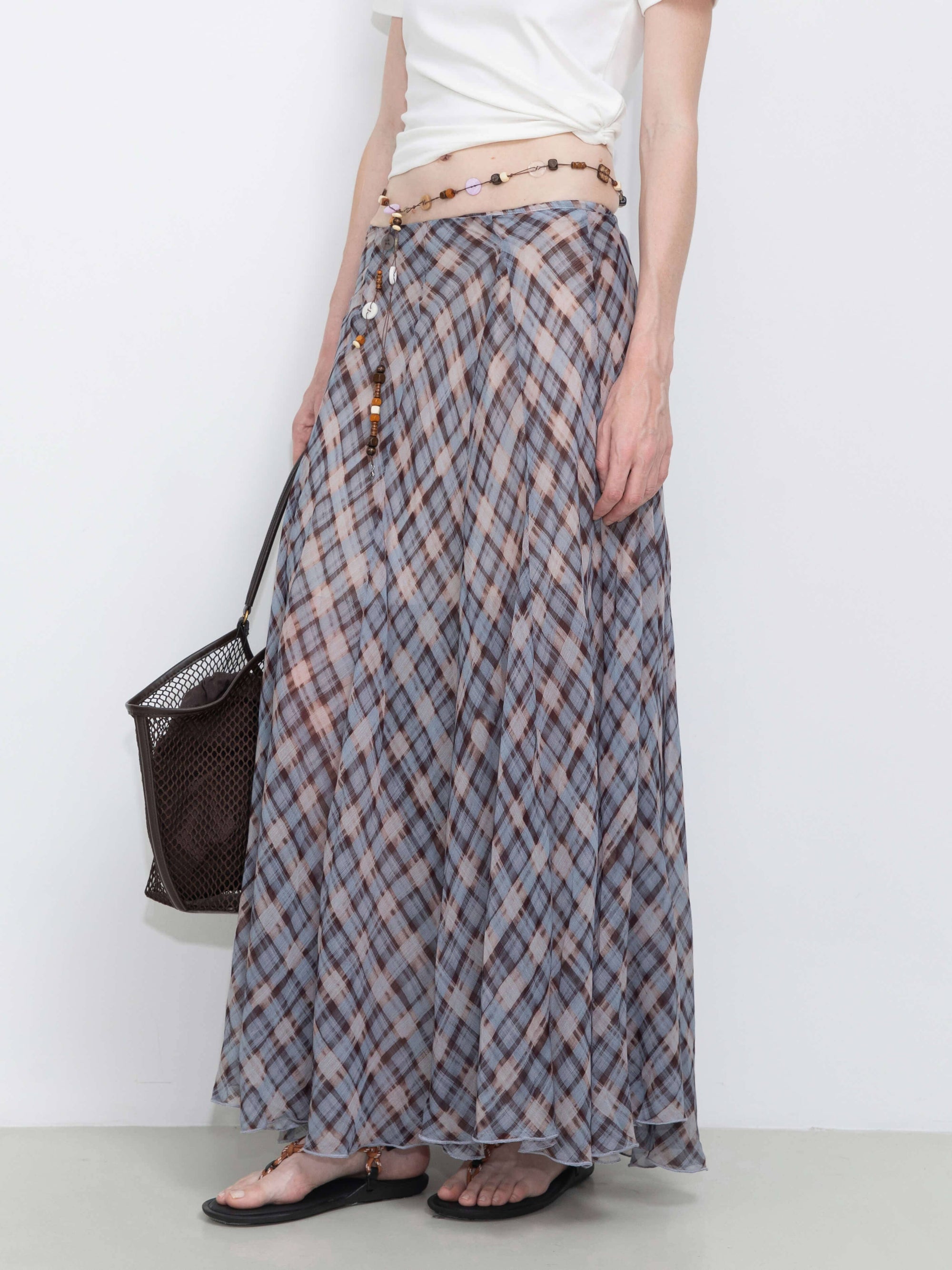 Asymmetrical Flowy Check Maxi Skirt: Blue
