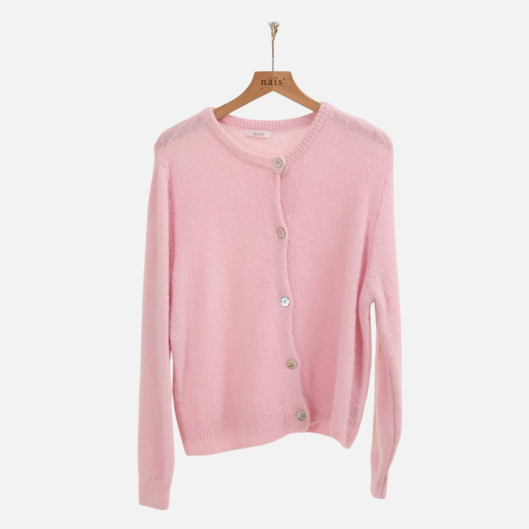 SUPER FINE ALPACA SHORT BUTTON CREW NECK CARDIGAN: Pink / One size