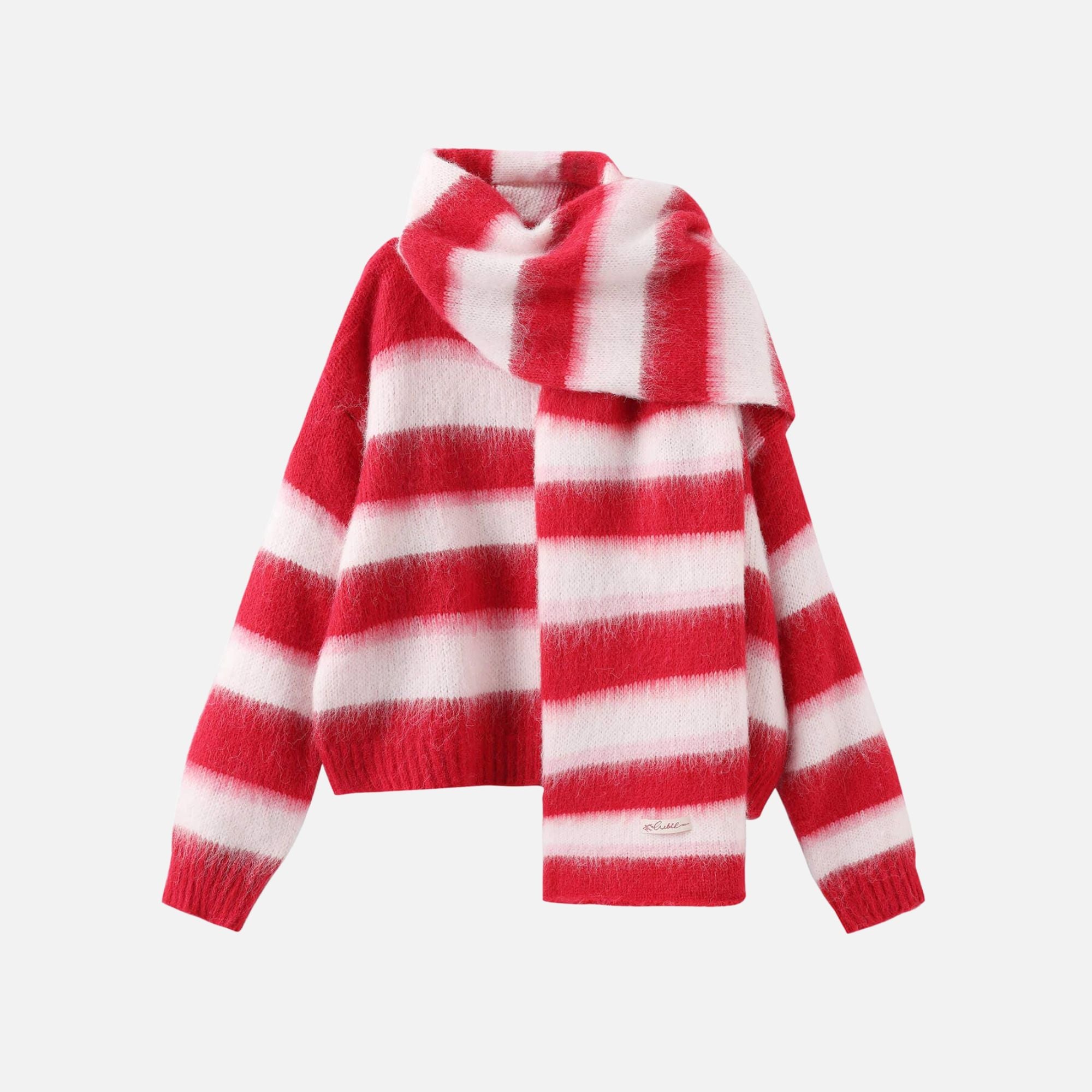 Striped Colour Block Wool Knit Cardigan With Scarf: Red stripe