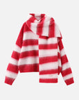 Striped Colour Block Wool Knit Cardigan With Scarf: Red stripe