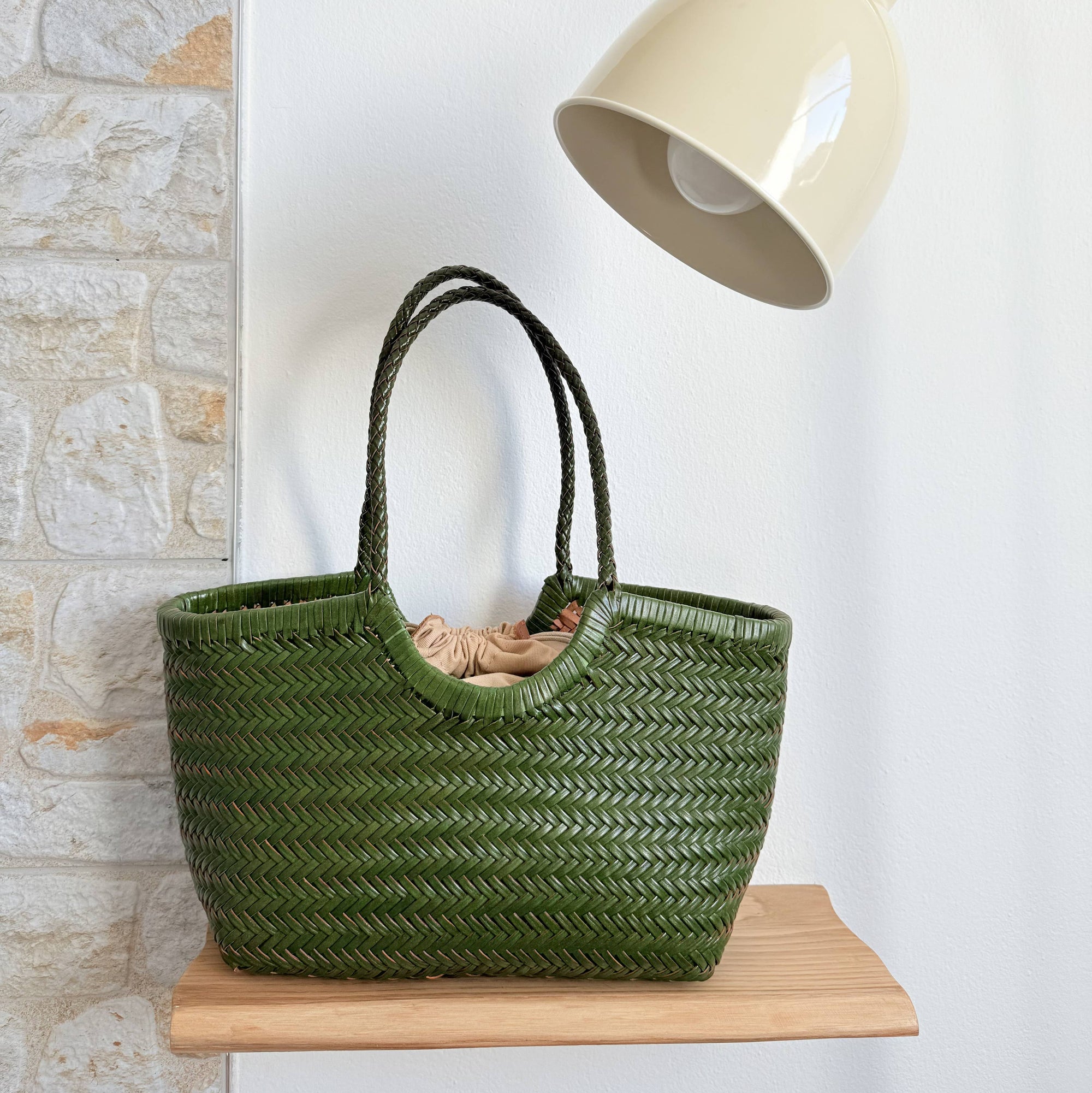 Handwoven U Shape Leather Tote Bag: Green