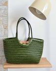 Handwoven U Shape Leather Tote Bag: Green