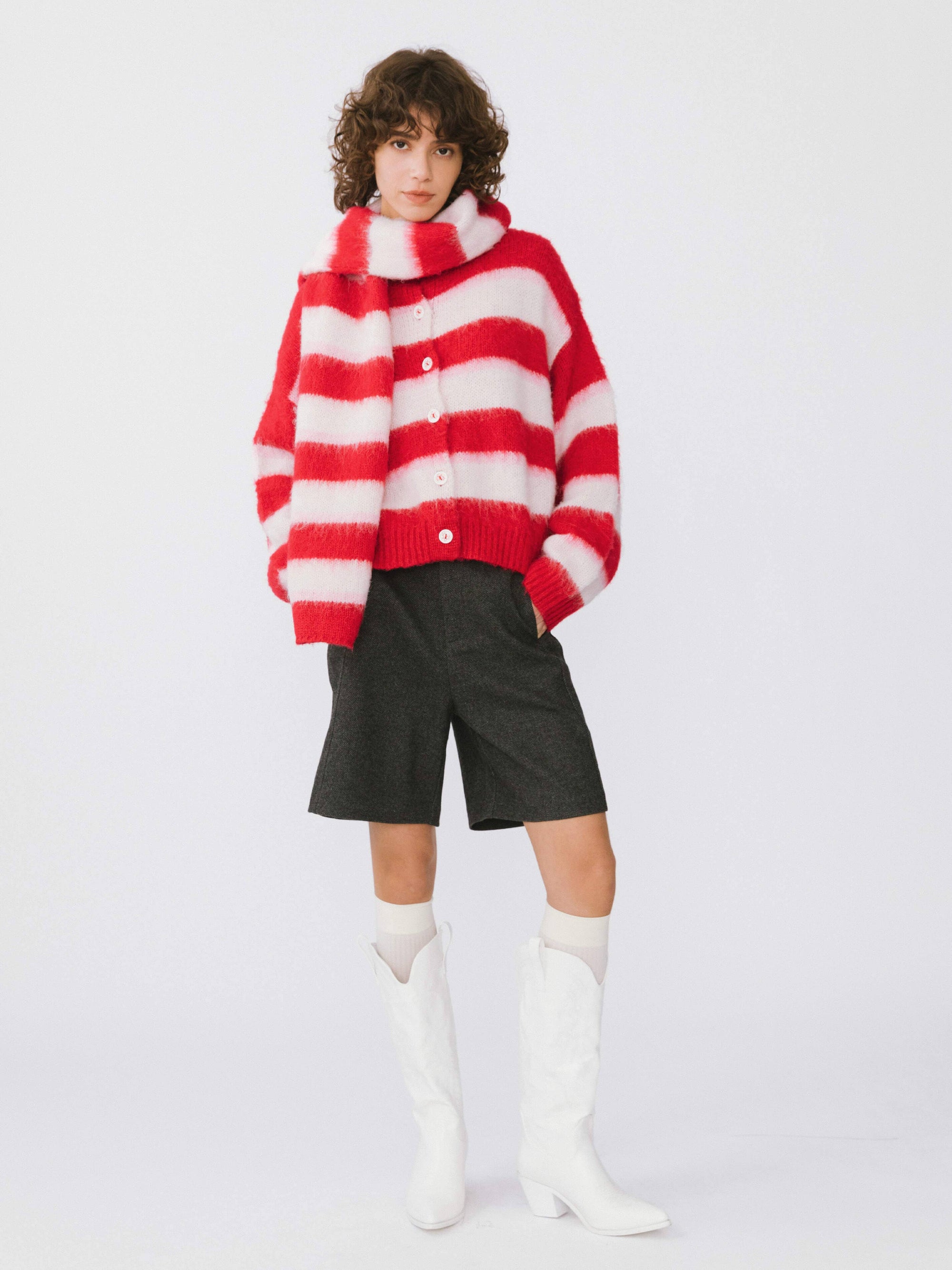 Striped Colour Block Wool Knit Cardigan With Scarf: Red stripe