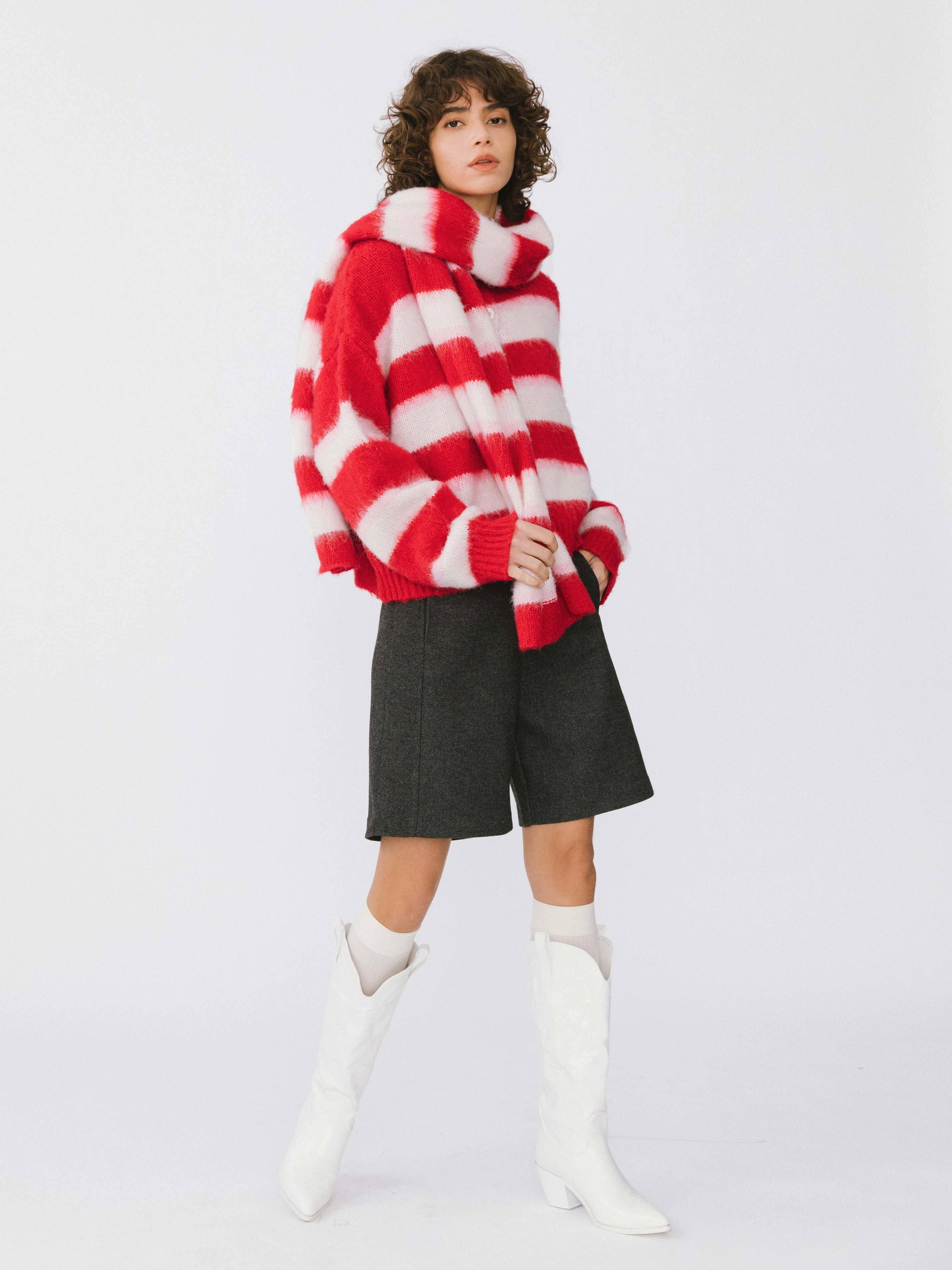 Striped Colour Block Wool Knit Cardigan With Scarf: Red stripe
