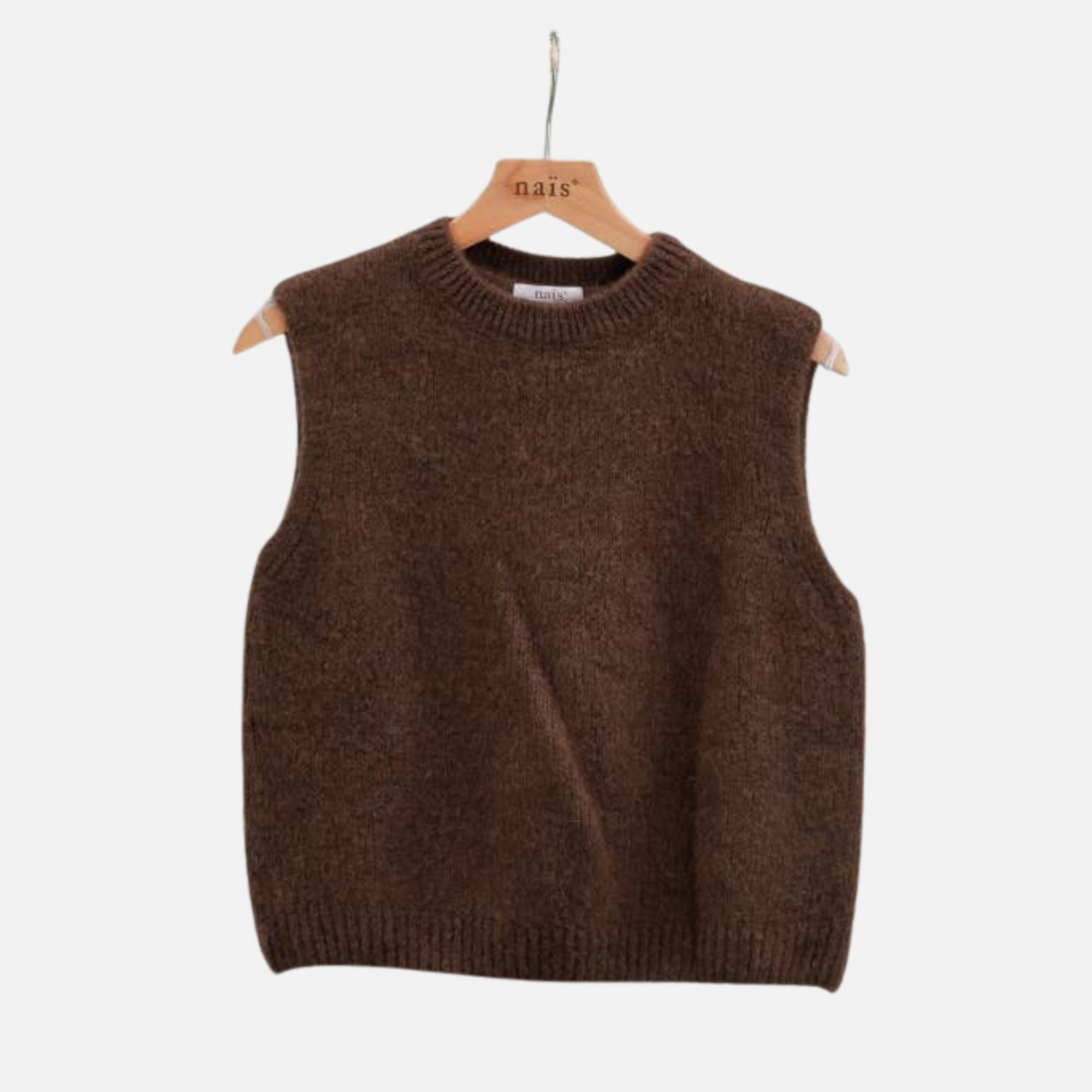 Round neck sleeveless sweater in kid mohair and wool: Chocolate / One size