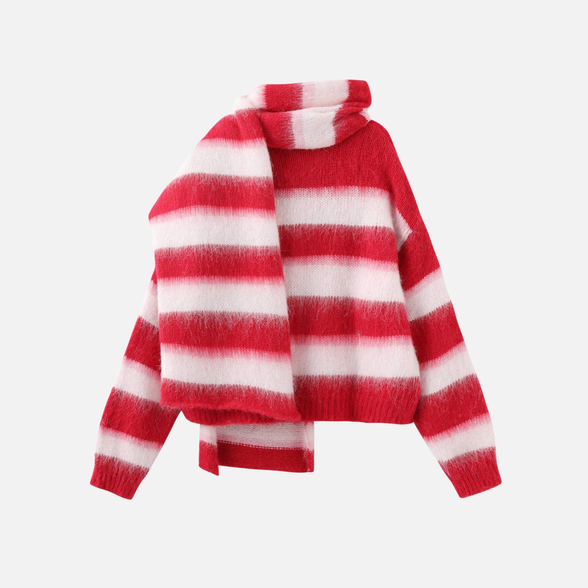 Striped Colour Block Wool Knit Cardigan With Scarf: Red stripe