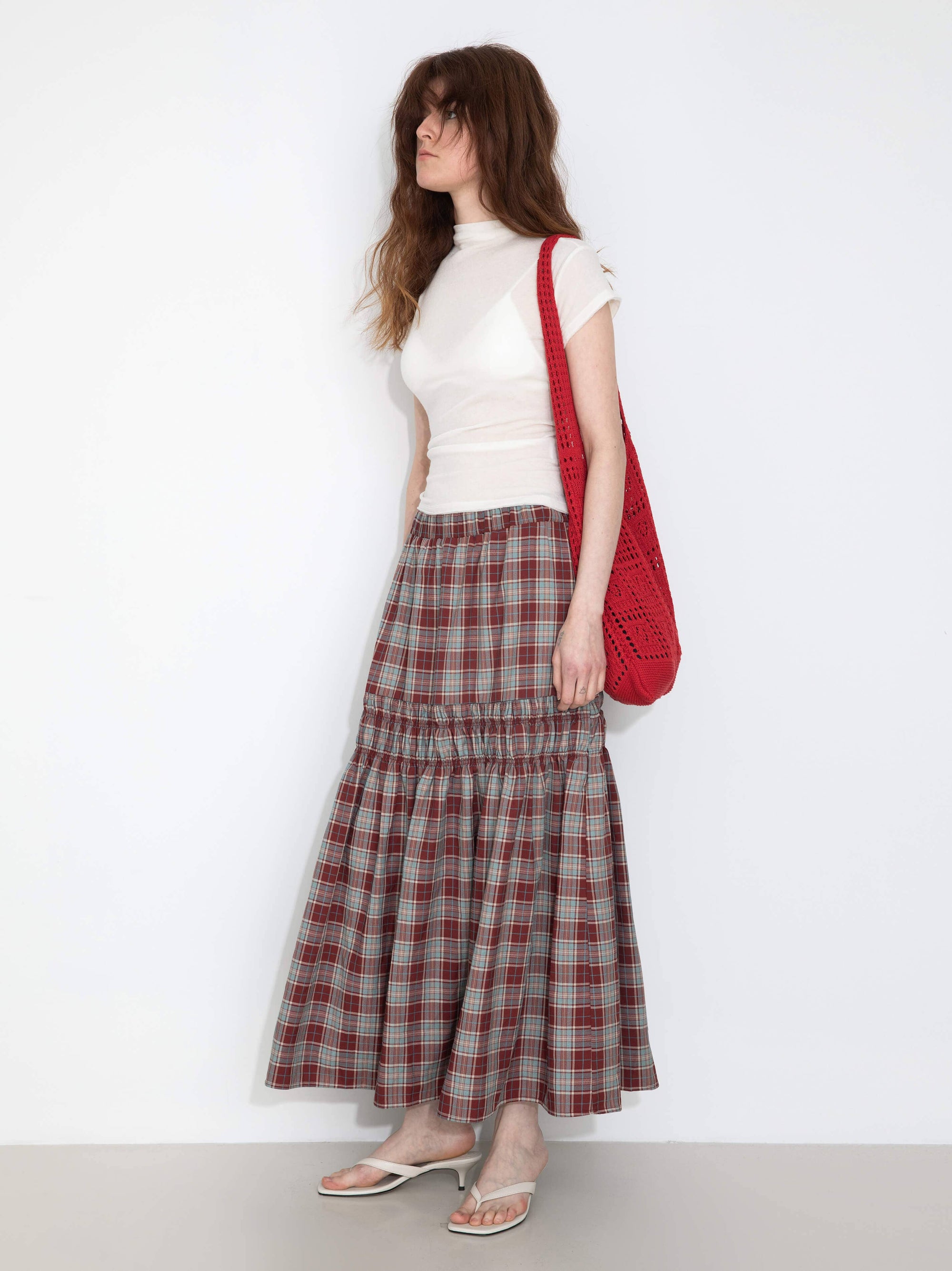 Elastic Drawstring High Waist Checked Skirt: Maroon
