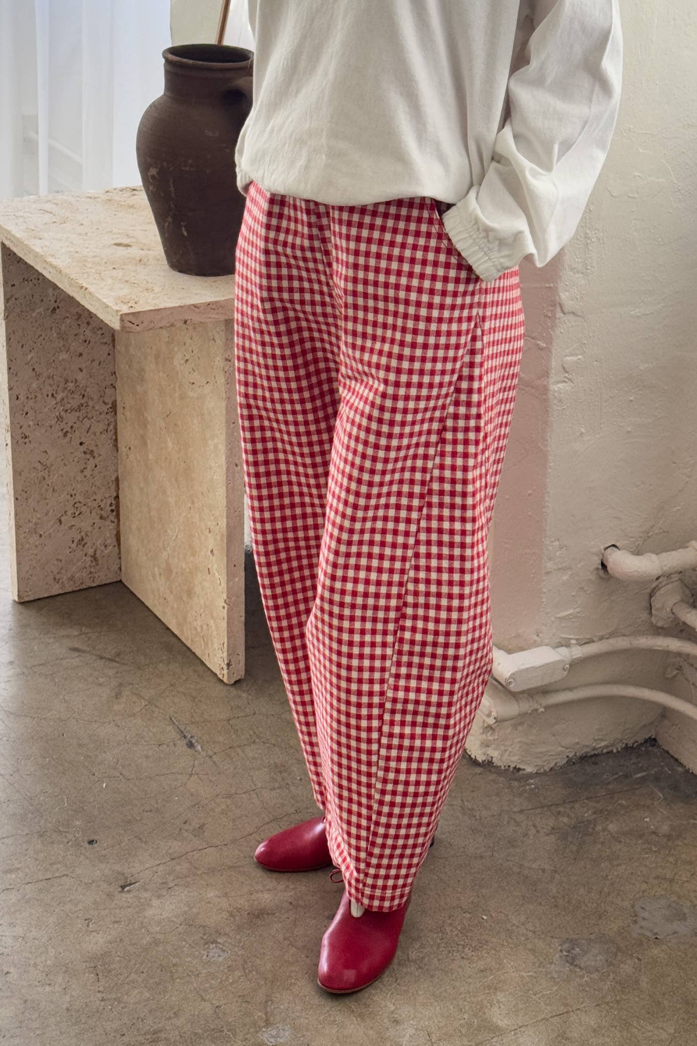 Gingham Arc Pants: Red Gingham