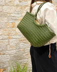 Handwoven U Shape Leather Tote Bag: Green
