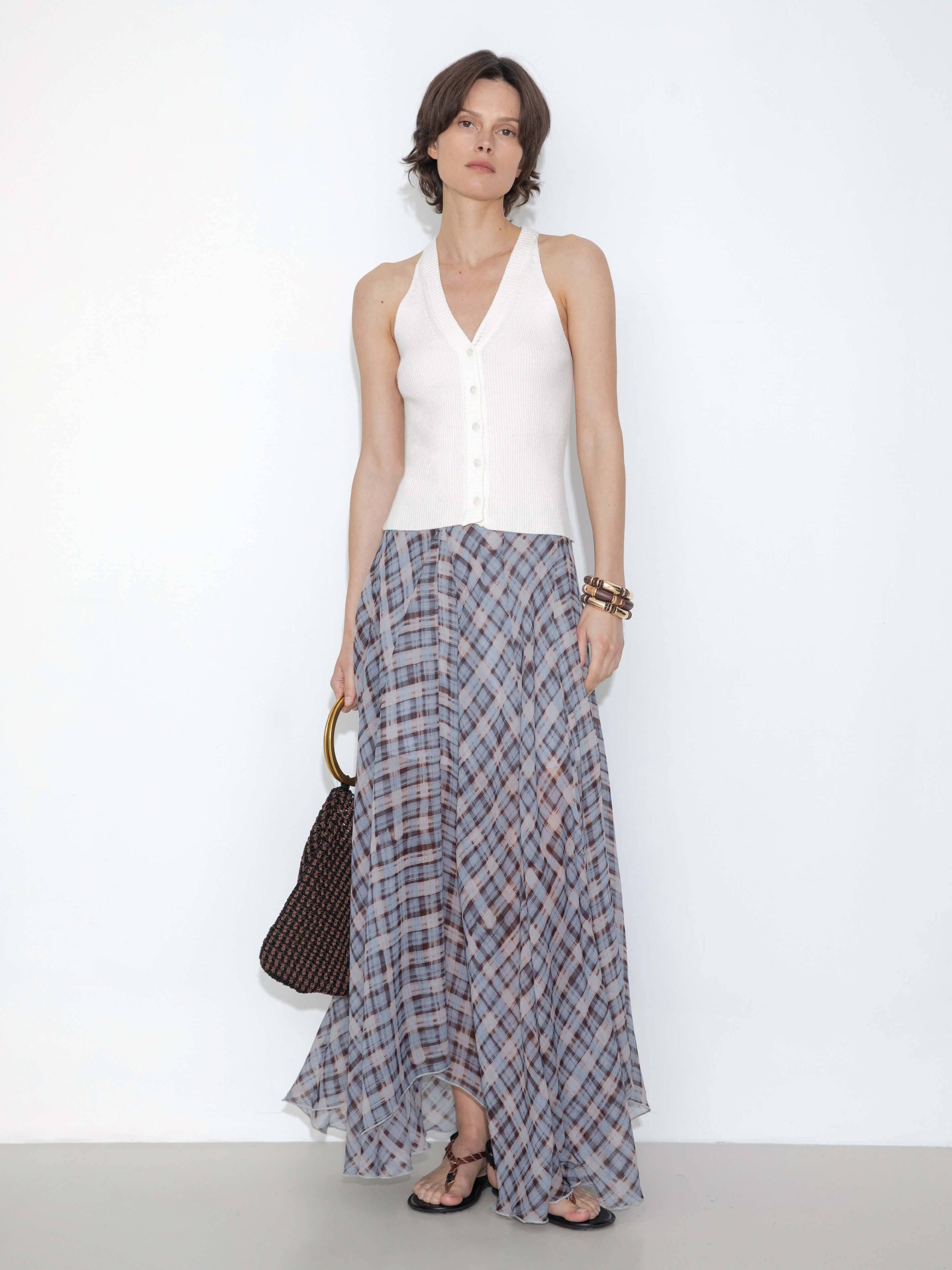 Asymmetrical Flowy Check Maxi Skirt: Blue