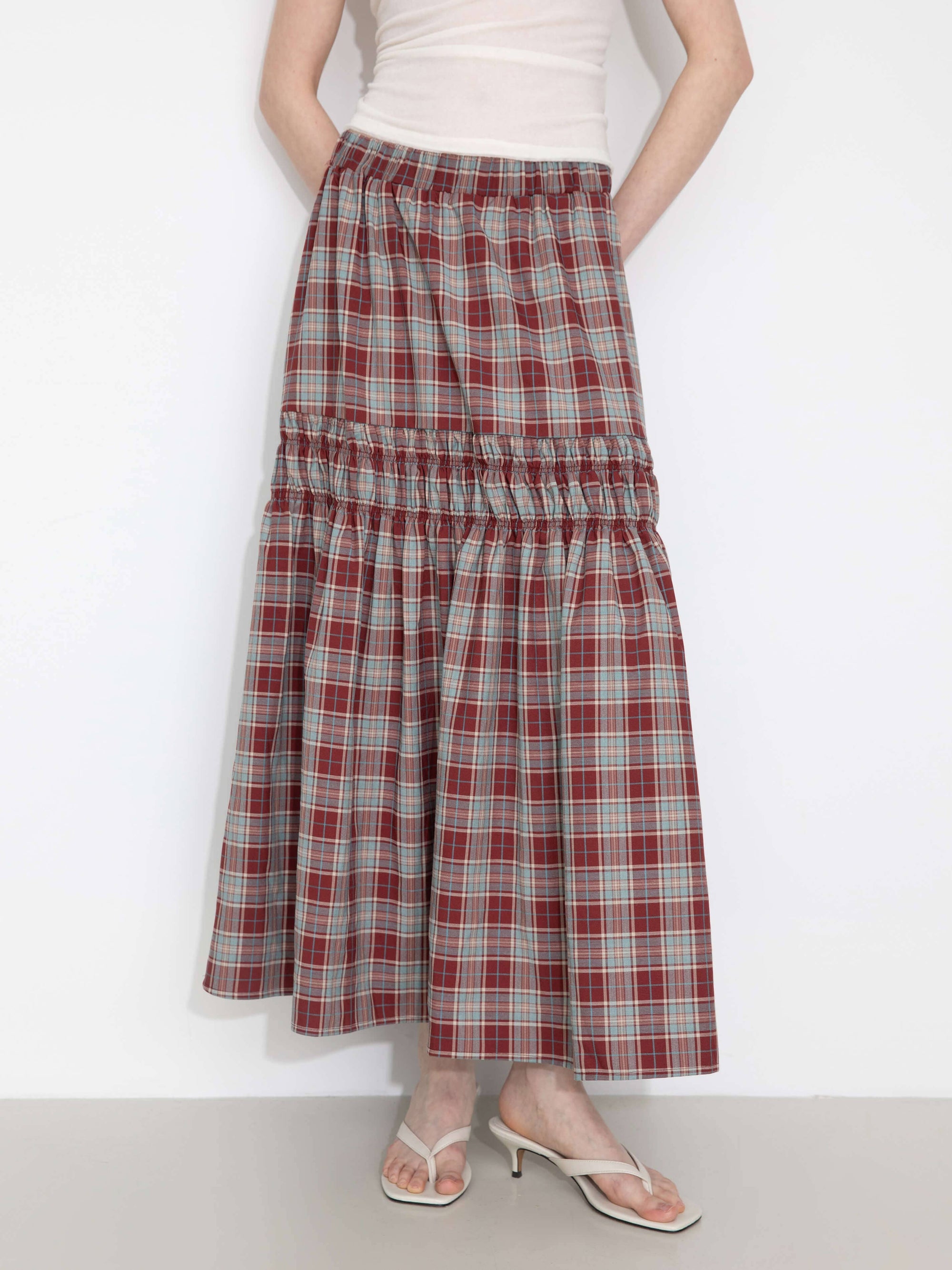Elastic Drawstring High Waist Checked Skirt: Maroon