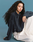 Funnel Neck Denim Jacket: SteelBlue