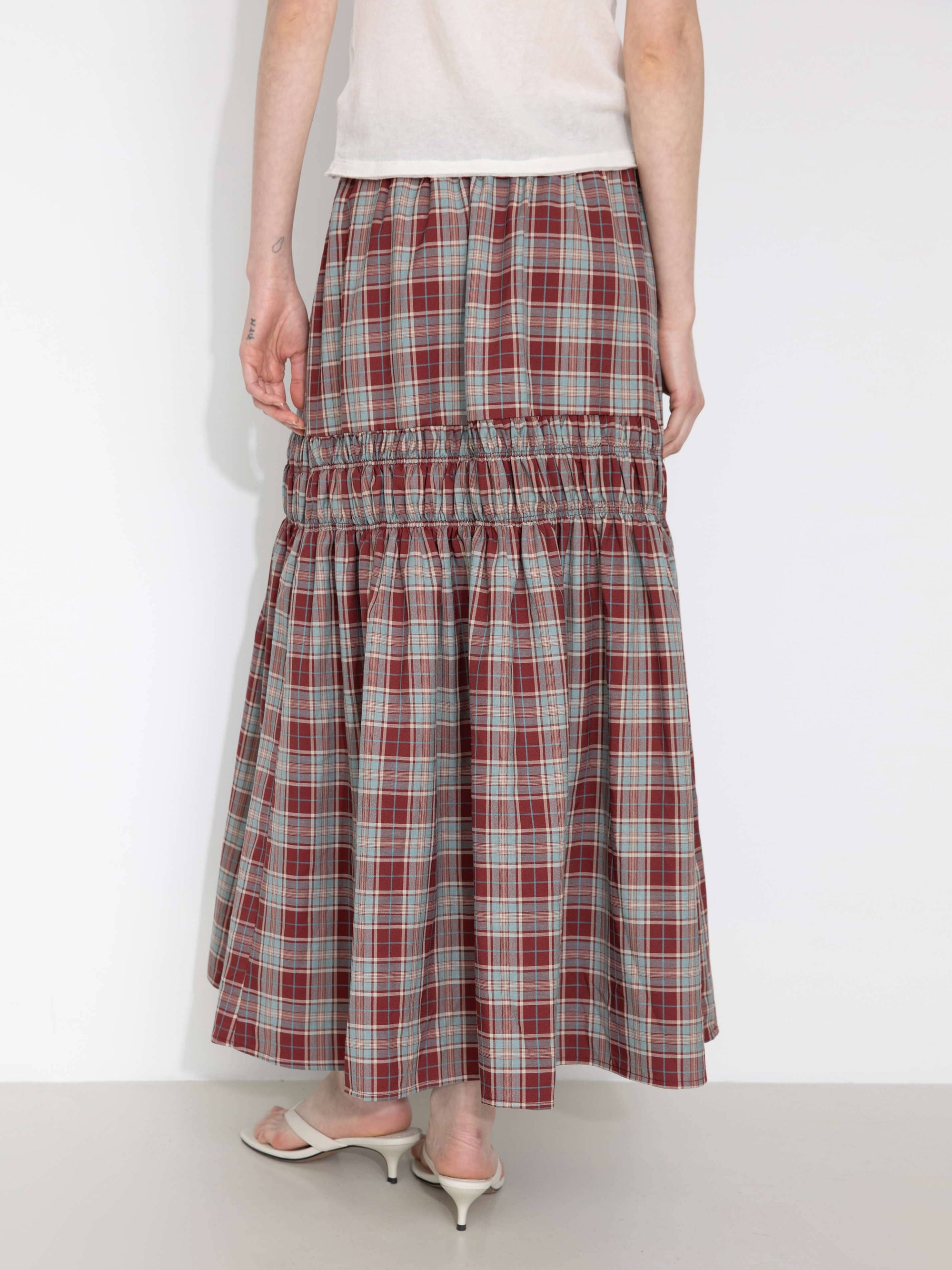 Elastic Drawstring High Waist Checked Skirt: Maroon