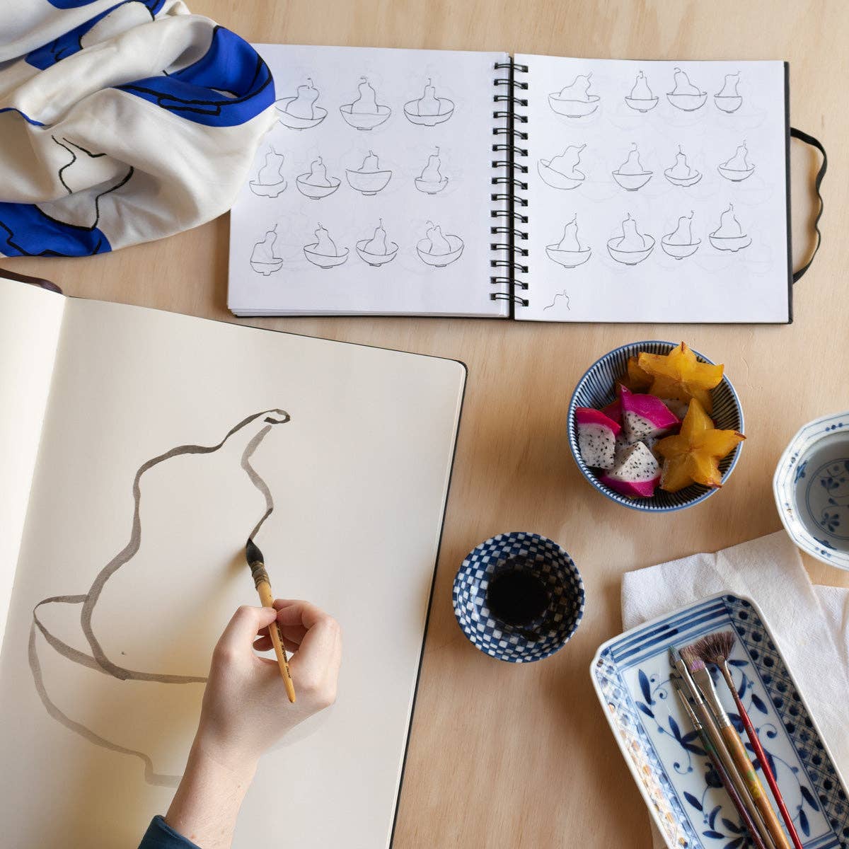 Still Life Pear Drawing 100% Silk Hand Printed Bandana Scarf