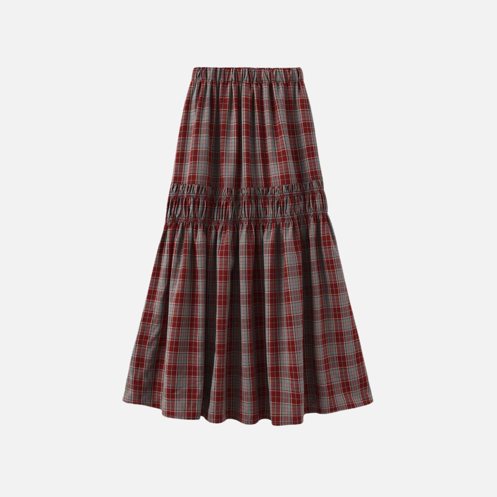 Elastic Drawstring High Waist Checked Skirt: Maroon