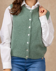 Round Neck Buttoned Vest: Almond Green