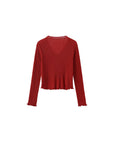 V-Neck Knit Cardigan with Ruffled Long Sleeves: Red
