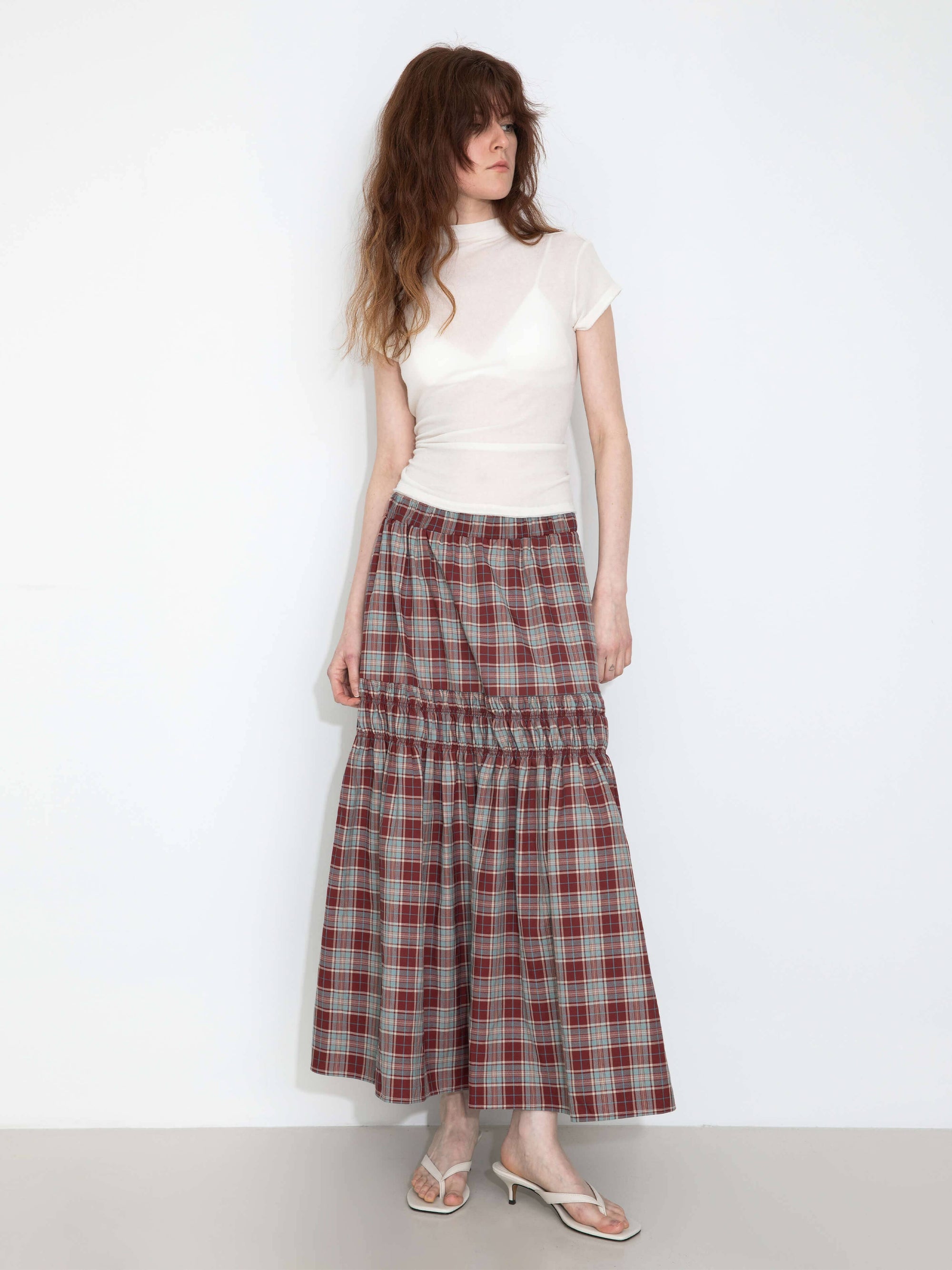 Elastic Drawstring High Waist Checked Skirt: Maroon