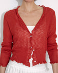 V-Neck Knit Cardigan with Ruffled Long Sleeves: Red