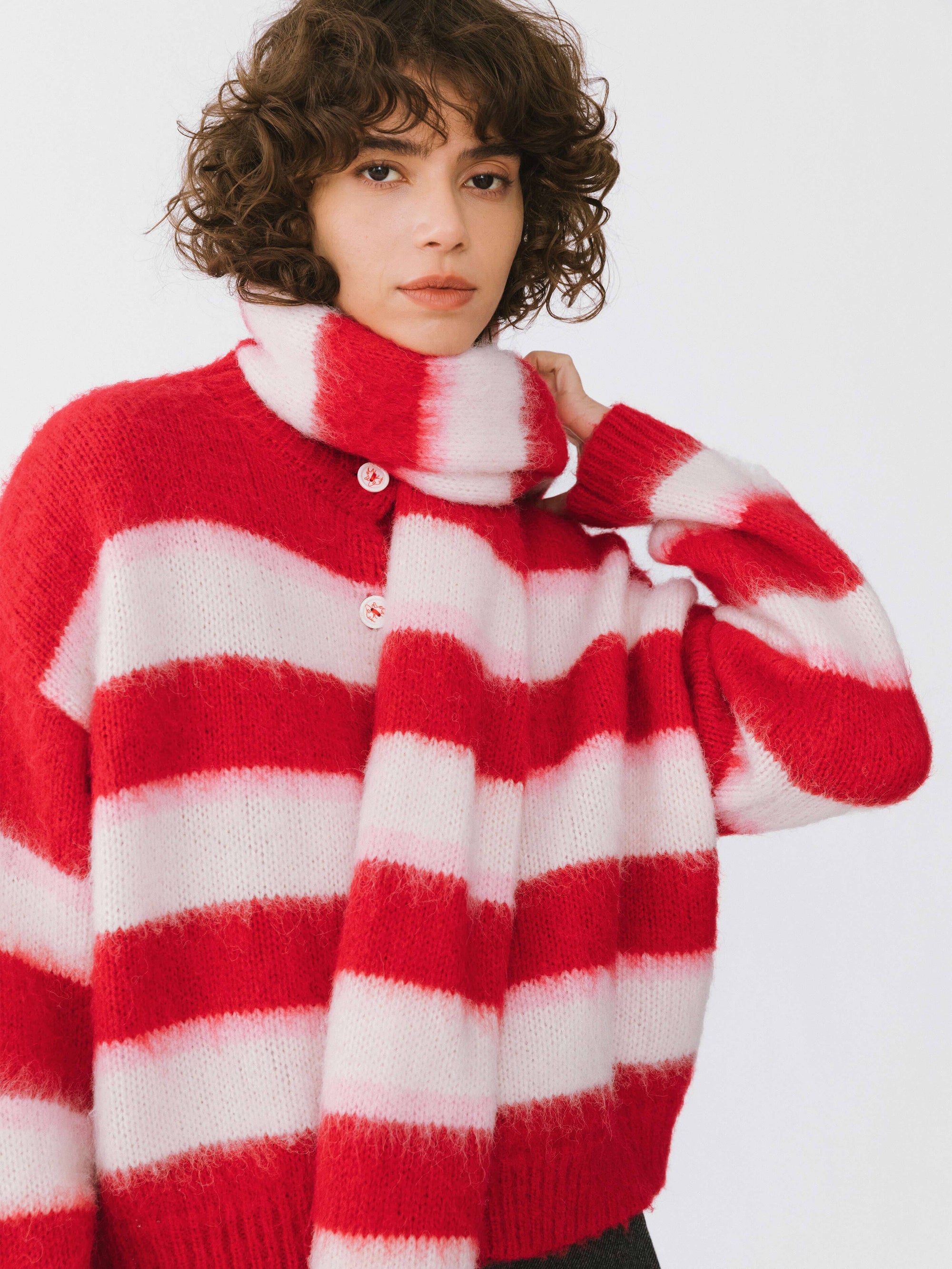 Striped Colour Block Wool Knit Cardigan With Scarf: Red stripe