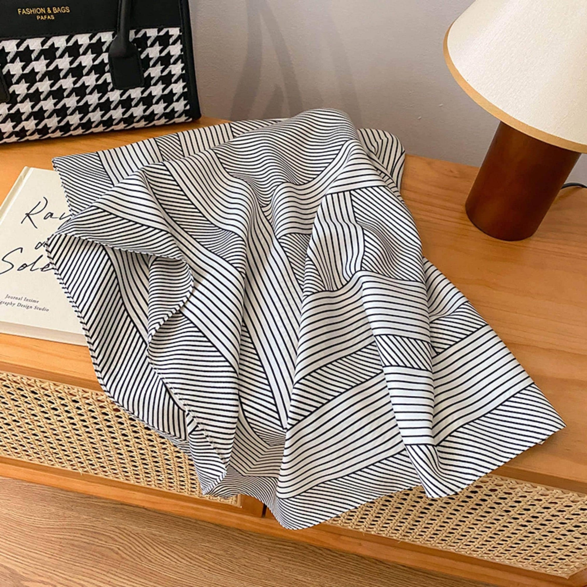 Black and White Striped Large Silk Scarf