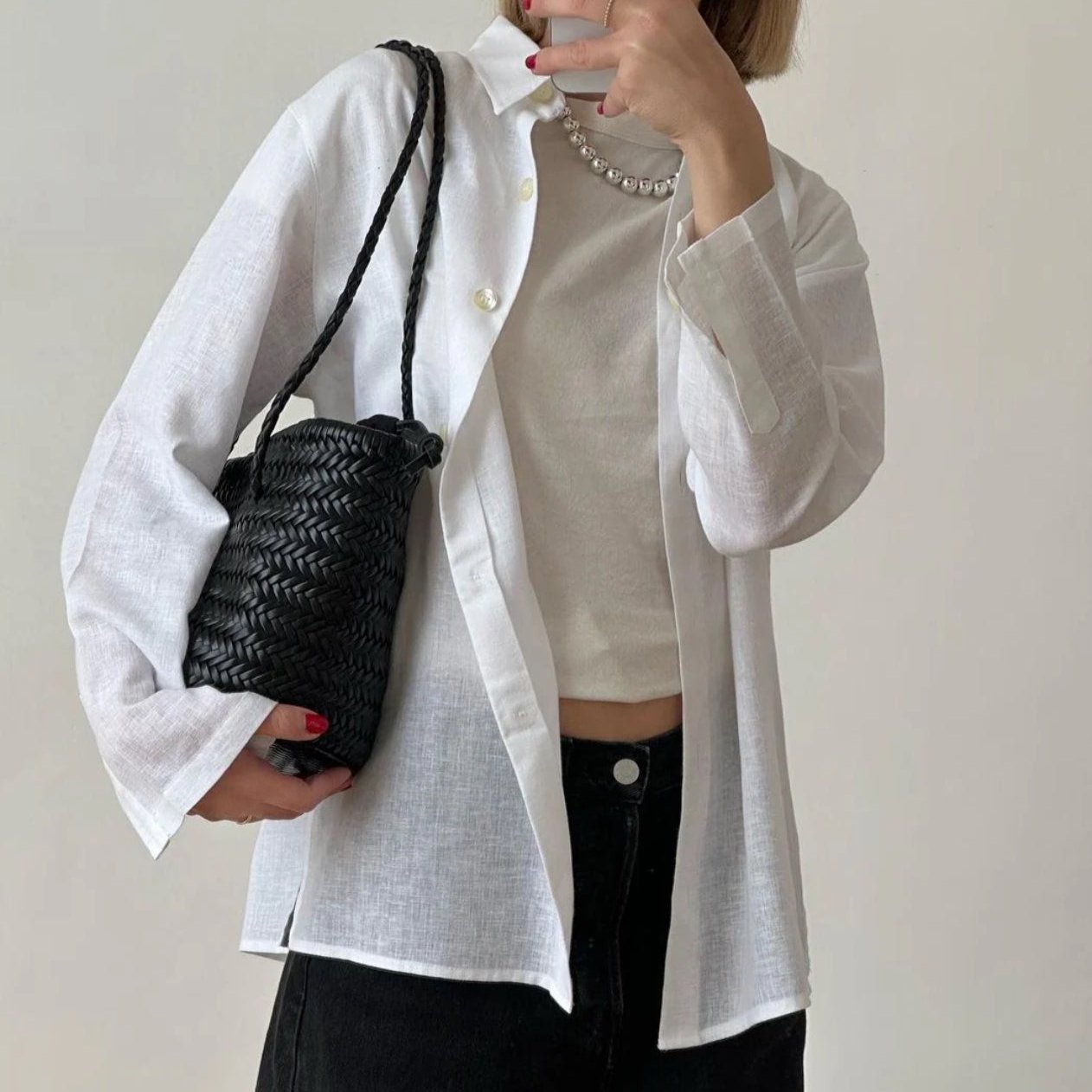 Handwoven Leather Bucket Bag - Black