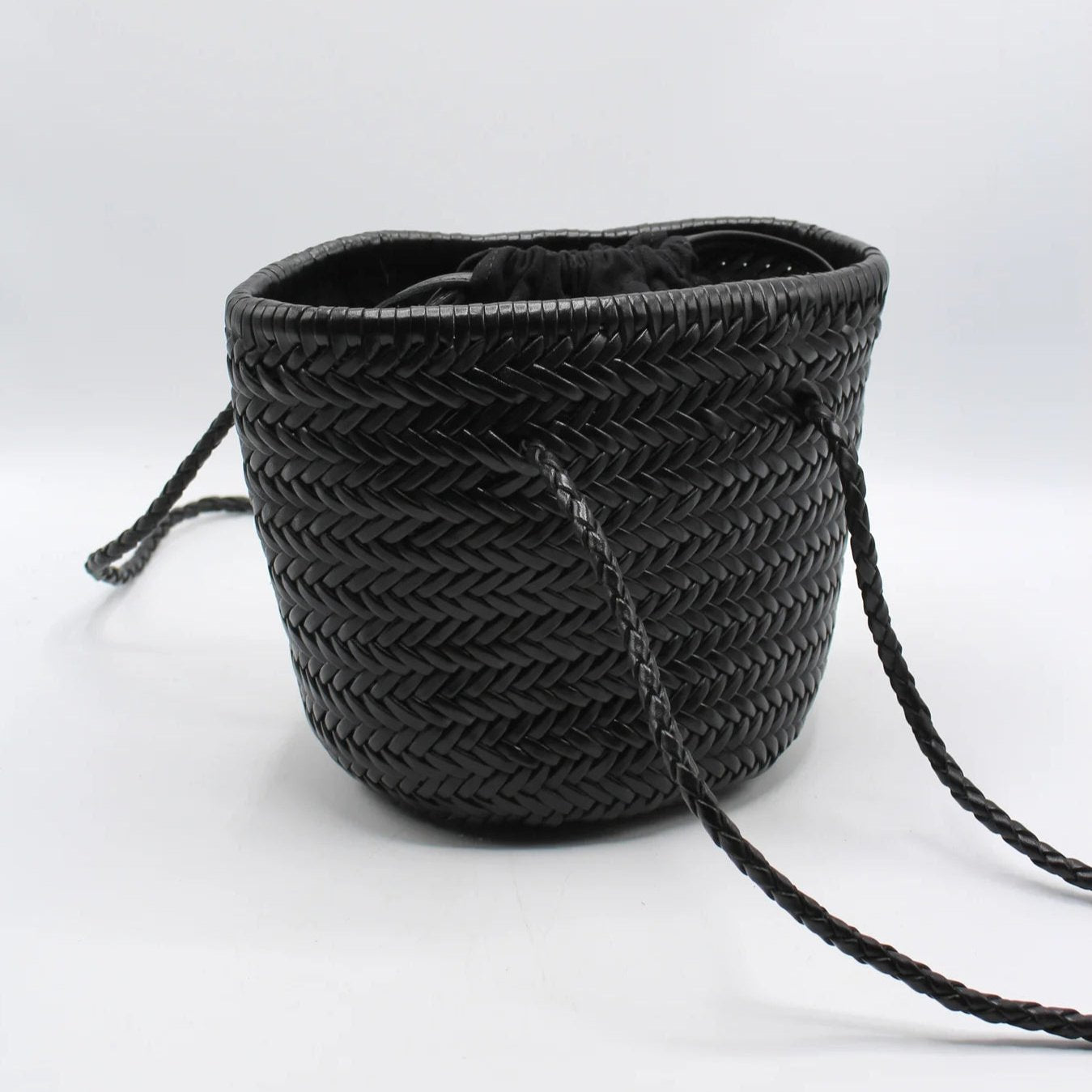 Handwoven Leather Bucket Bag - Black