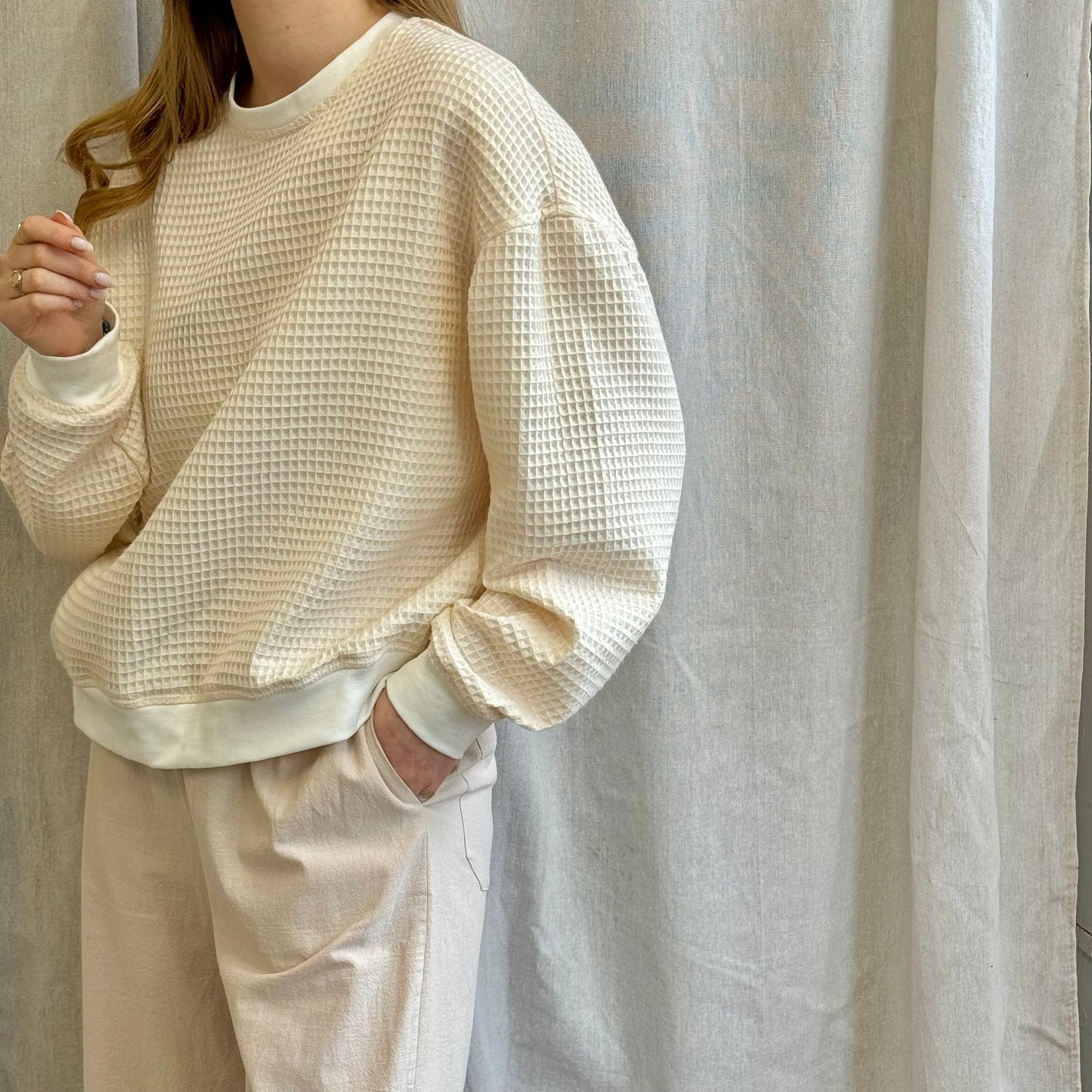 Izzy Sweatshirt Waffle Cotton Blush w/ Contrast Cuffs