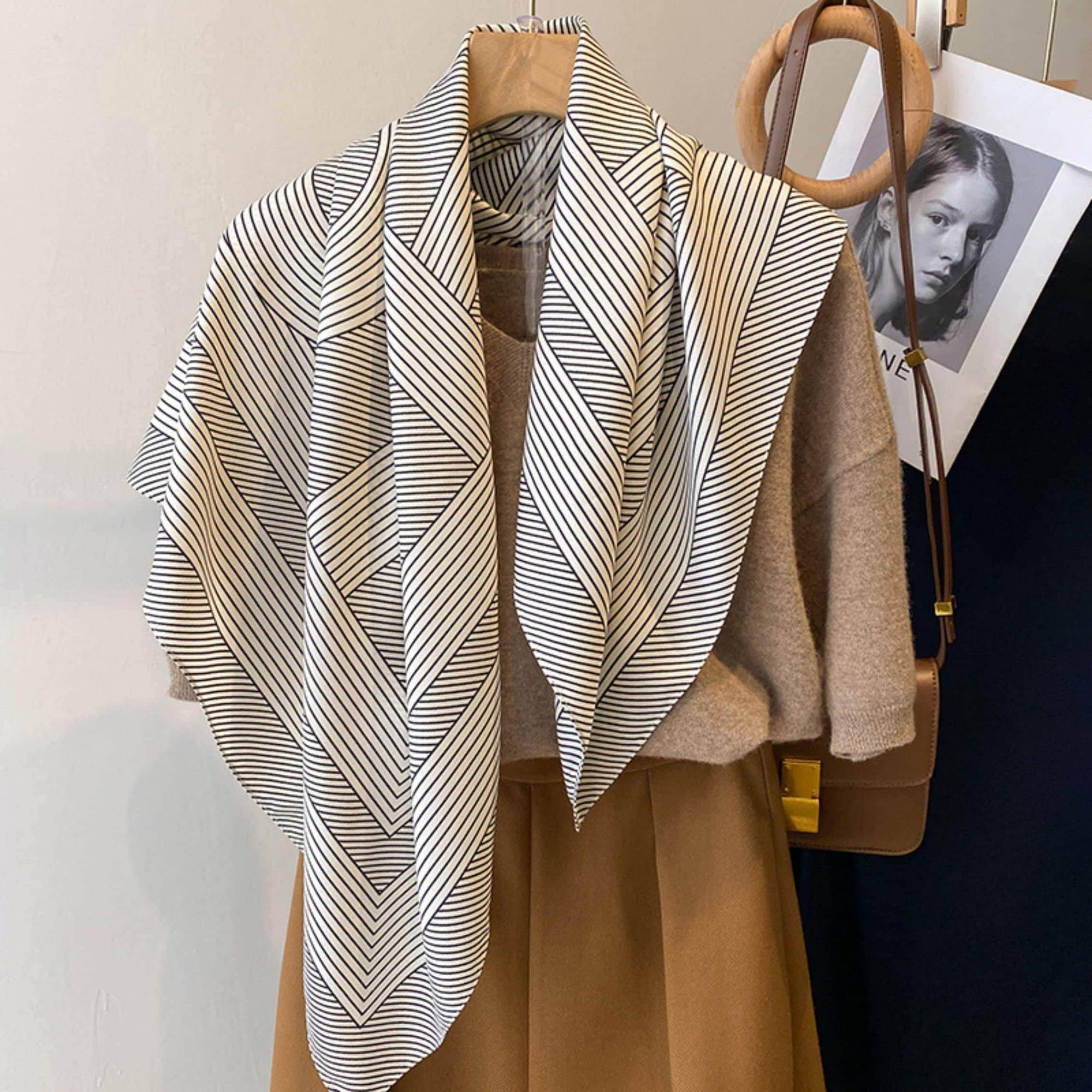 Black and White Striped Large Silk Scarf