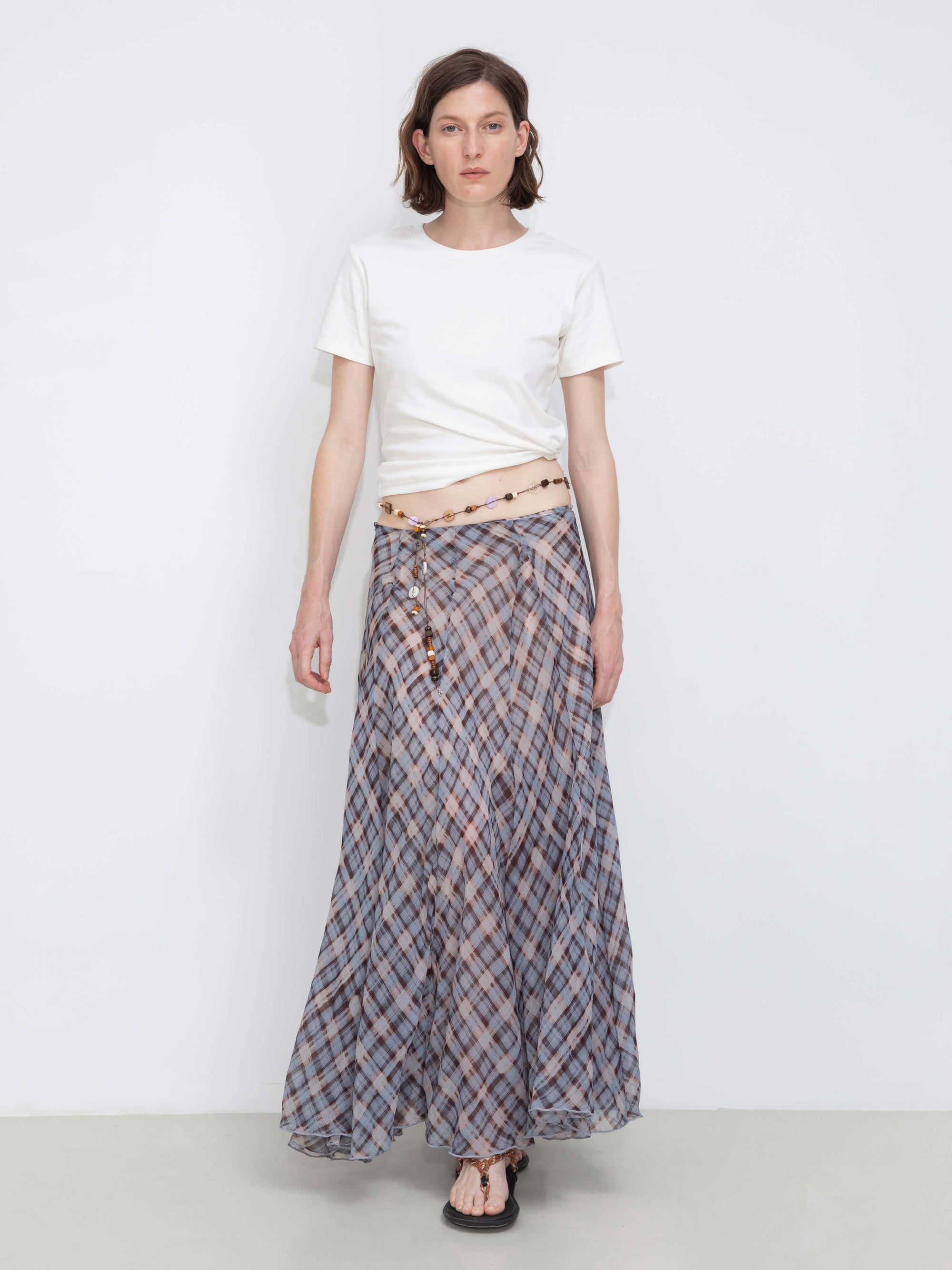 Asymmetrical Flowy Check Maxi Skirt: Blue