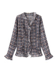 Semi-Sheer Ruffle Trim Check Shirt: Blue