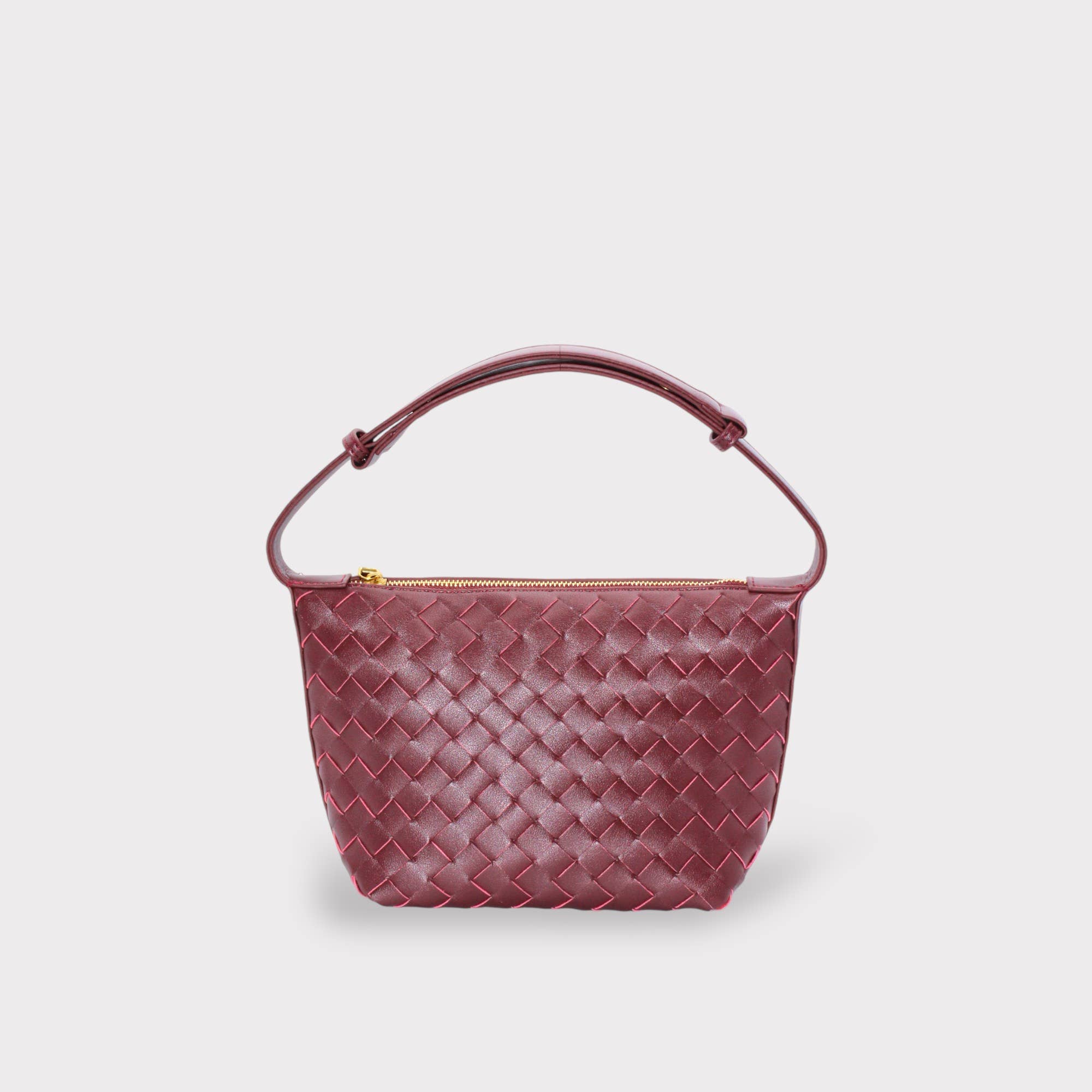 Leather Woven Boxed Pouch Bag: Burgundy