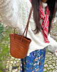 Handwoven Leather Bucket Bag - Brown