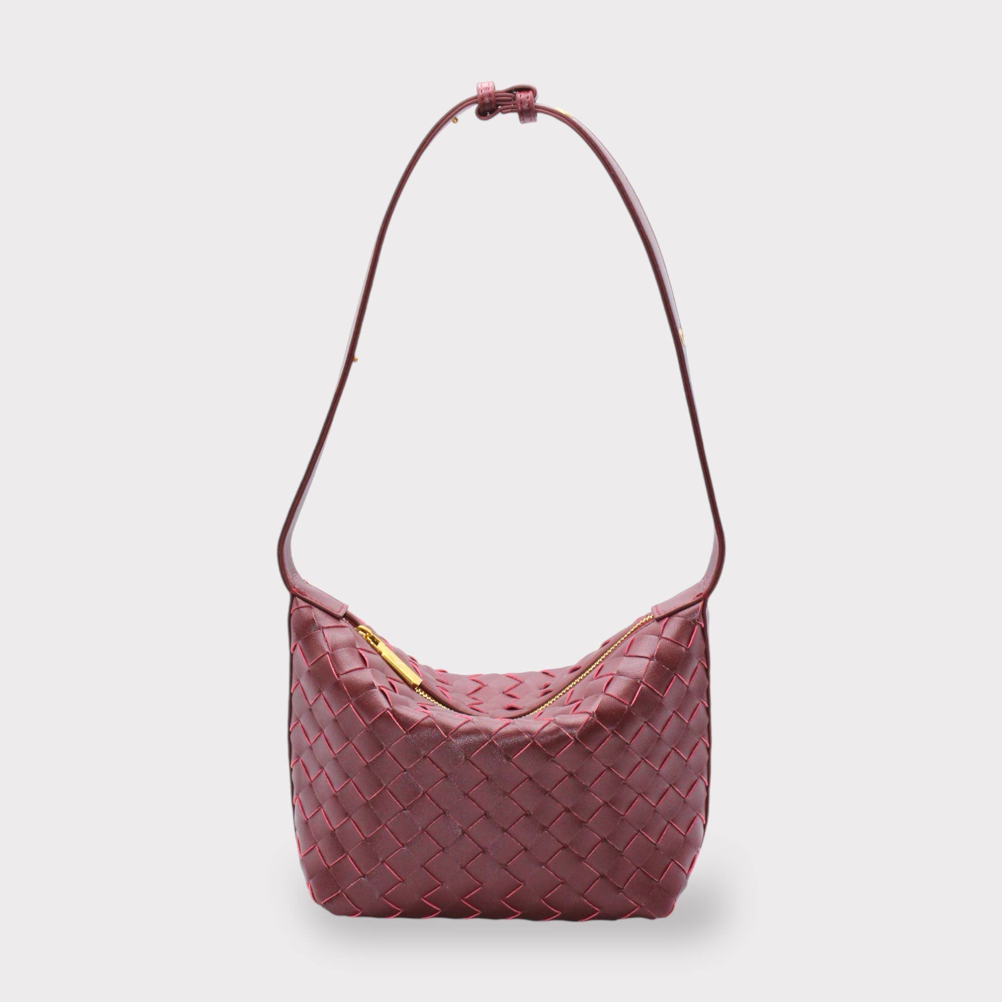 Leather Woven Boxed Pouch Bag: Burgundy