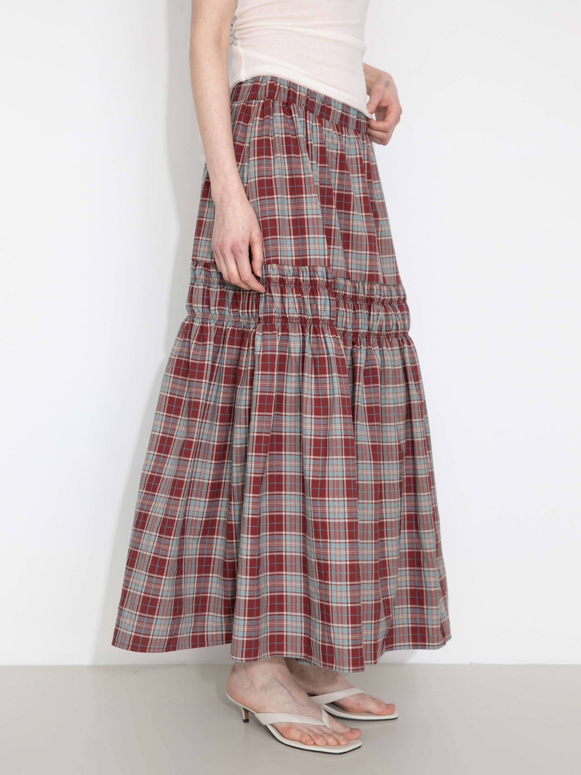 Elastic Drawstring High Waist Checked Skirt: Maroon