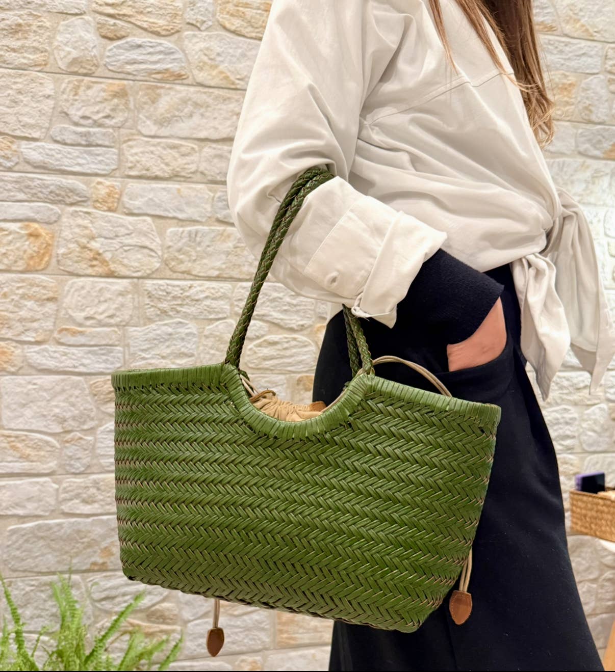 Handwoven U Shape Leather Tote Bag: Green
