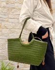 Handwoven U Shape Leather Tote Bag: Green
