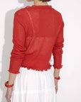 V-Neck Knit Cardigan with Ruffled Long Sleeves: Red