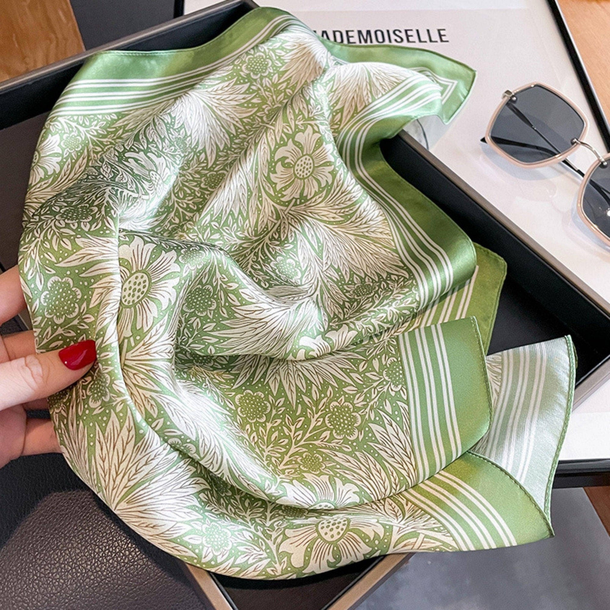 Green Floral Silk Scarf