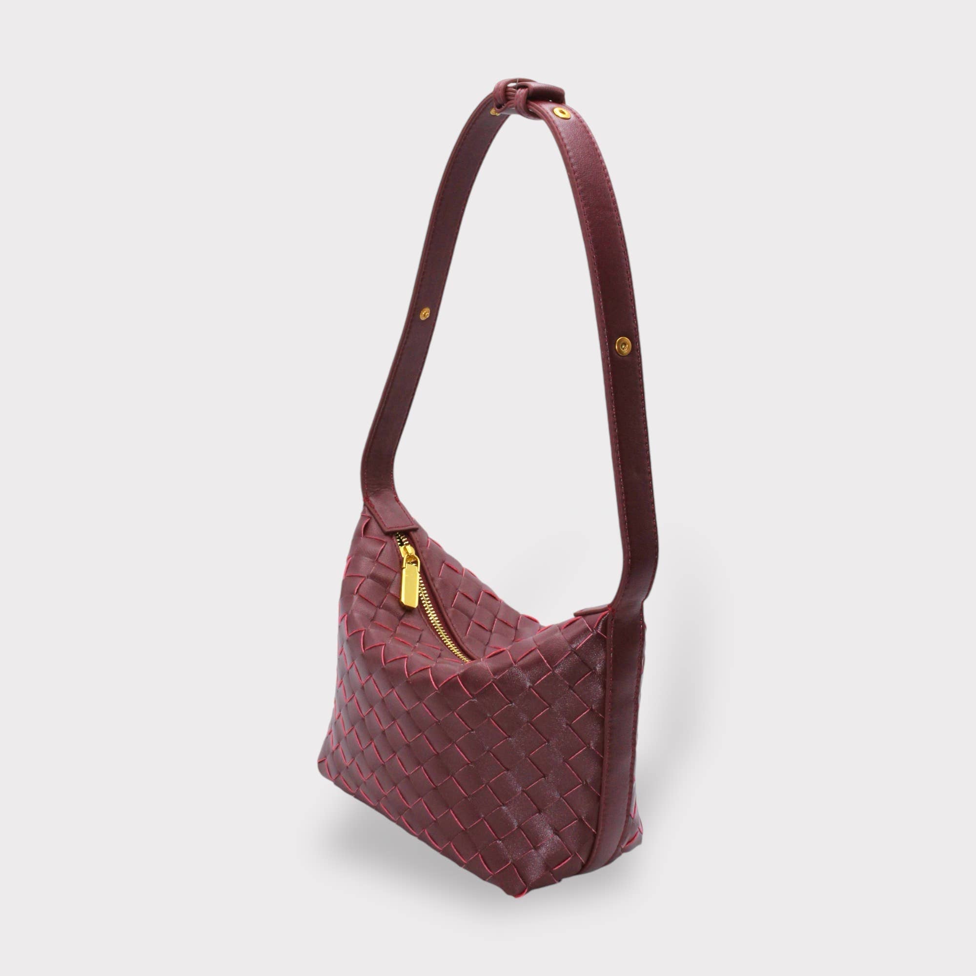 Leather Woven Boxed Pouch Bag: Burgundy